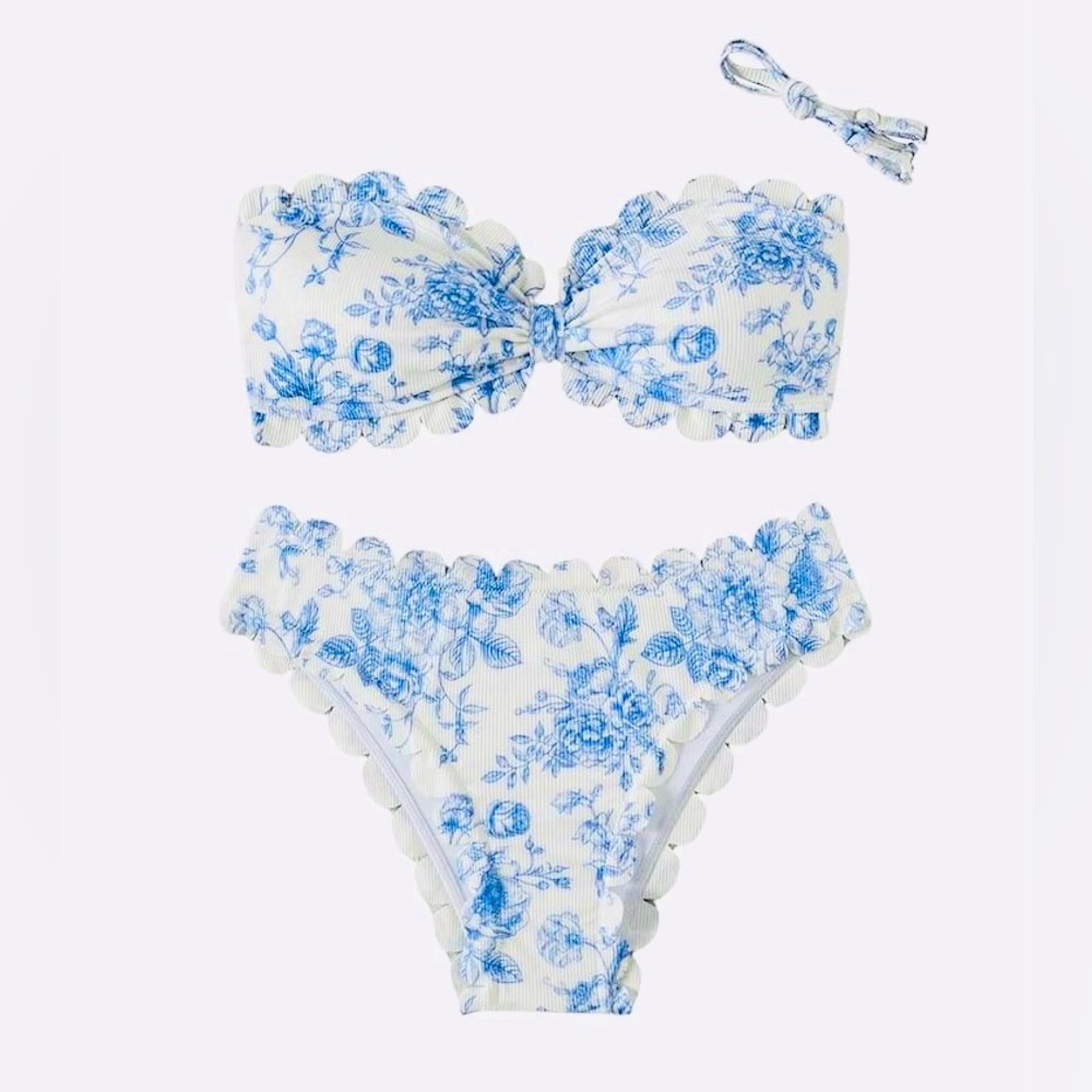 Ribbed Blue & White Scalloped Floral Bikini Swimsuit Set
